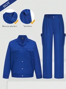TaskEZ Women's Solid Color Notched Collar Long Sleeve Button Front Pocket Simplistic Blouse And Pants Workwear Set - Blue - View 1