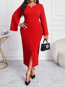 SHEIN Lady Spring And Summer Autumn And Winter Christmas Party Dress Elegant Knitted Off The Shoulder Mermaid Layered Sleeve Maxi Long Sleeve Plus Size Dresses - Red - View 4