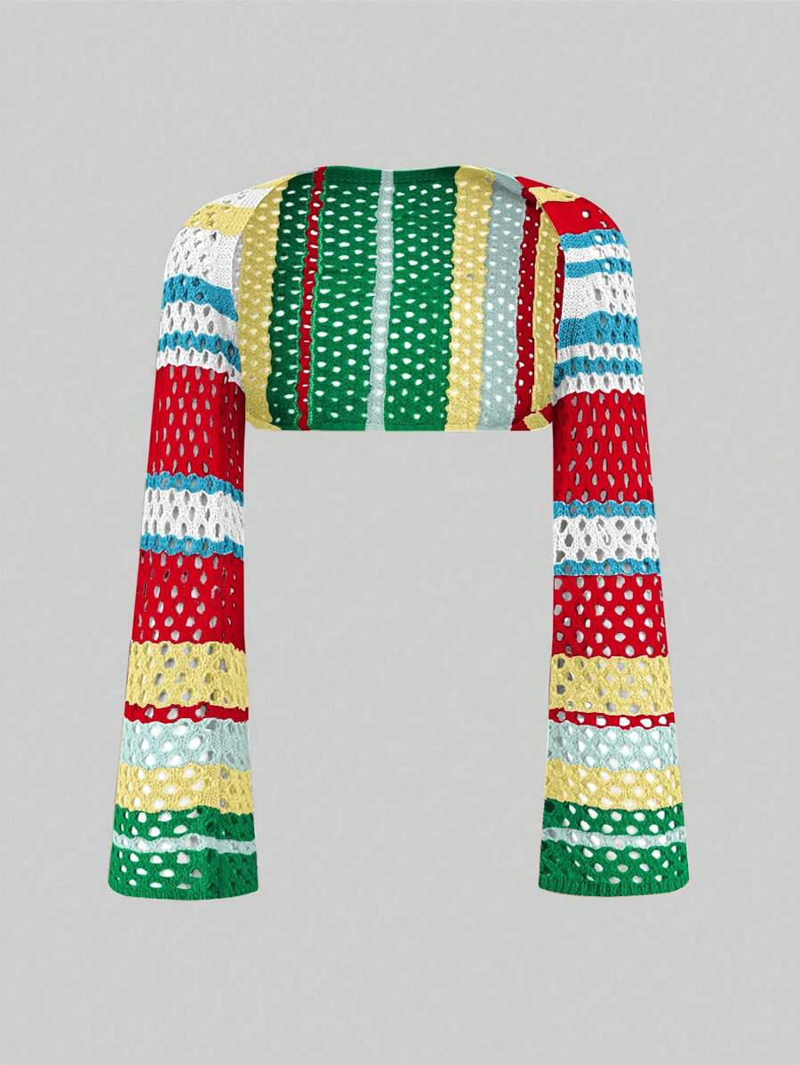 SHEIN Unity Women Casual Colorblock Long Sleeve Open Front Cropped Cardigan Fall Cloth For Women - Multicolor - View 1