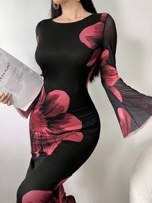 Modelyn 女士圆领长袖花卉印花优雅雪纺连衣裙长款女士装长款晚礼服 - 黑色 - 查看 7