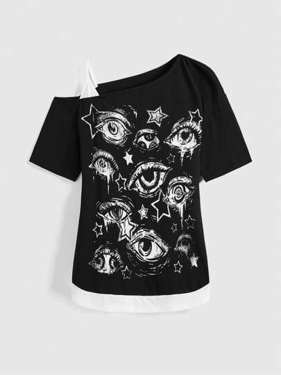 Grunge Punk Locker geschnittenes Damen T-Shirt mit asymmetrischem Kragen und Fledermausärmel im 2-in-1-Stil