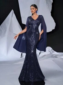 SHEIN Belle Elegant And Gorgeous Dark Blue Quiet Luxury Fine Sequins Sequins Splicing Super Long Sleeves Elegant Fishtail Skirt Suitable For Evening Parties Dating Elegant Ladies Formal Evening Dress, Prom Gown, For Wedding Guest, Graduation, Dinner