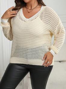 SHEIN LUNE Áo len dài tay cổ chữ V phối màu dáng rộng, cỡ lớn, thích hợp mặc mùa thu đông. - Màu be - Xem 7