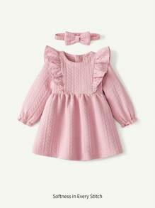 Cozy Pixies 2pcs Baby Girl Solid Color Round Neck Ruffle Trim Waist Dress & Bowknot Headband Set - Pink - View 1
