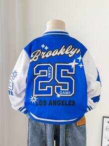 1 件装年轻男孩休闲宽松保暖内衬连帽字母印花夹克，适合返校、生日、迎婴派对、节日派对、秋冬季 - 藍色 - 查看 1