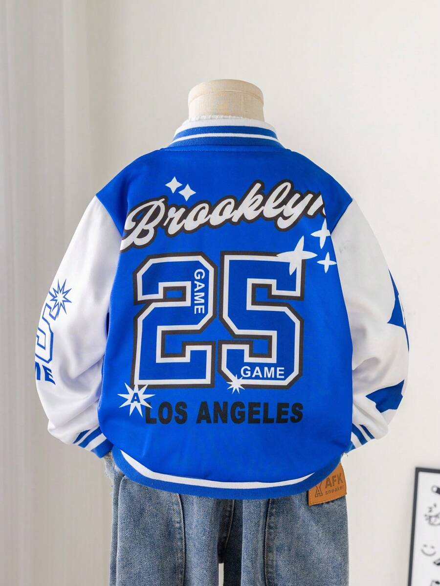 1 件装年轻男孩休闲宽松保暖内衬连帽字母印花夹克，适合返校、生日、迎婴派对、节日派对、秋冬季 - 藍色 - 查看 1