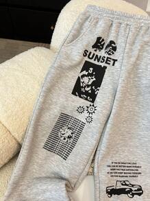 Tween Girls Loose & Comfy Black & White Film Graffiti Print Cuffed Sweatpants - Light Grey - View 7