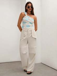 COSMINA 女士纯色褶皱阔腿宽松休闲裤 - 米色 - 查看 4