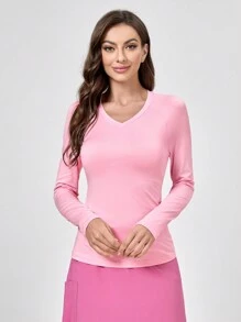 TaskEZ Plain V-Neck Long Sleeve Simple  Uniform Blouse, Soft Basic Underscrub Scrub Tops, Layer Or Wear Solo - Pink - View 4
