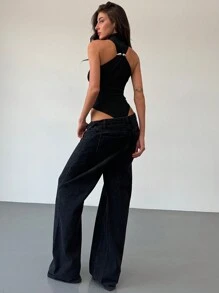 Aloruh Elegantes, modernes ärmelloses Turtleneck Bodysuit mit Metalldekoration für Frauen, Schwarze Streetwear - Schwarz - Übersicht 8