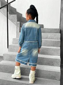 Girls' Distressed Denim Jacket And Skirt 2-Piece Set - Medium Wash - View 2