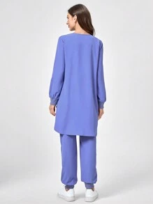 TaskEZ 纯色圆领长袖上衣和裤子制服套装 - 淺藍色 - 查看 2