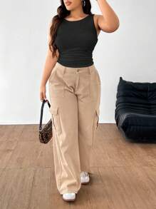 SHEIN EZwear 大码圆领无袖褶皱纯色简约运动休闲户外时尚背心 - 黑色 - 查看 5