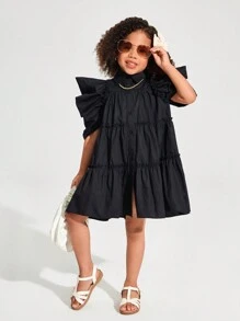 SHEIN Vestido casual feminino jovem tecido cor sólida elegante com babados e manga bufante