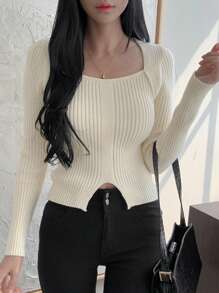 DAZY Women's Solid Color Simple Fitted Long Sleeve Sweater, Casual Daily Wear