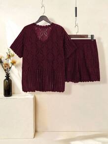 SHEIN LUNE Plus Size V-Neck Short Sleeve Button Casual Loose Top And Drawstring Shorts Sweater Suit - Burgundy - View 2