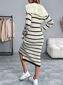 Chiquease Navy V-Neck Striped Drop Shoulder Long Sweater Dress For Women - Multicolor - View 2