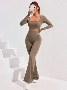 SHEIN Sport Studio Women Solid Color Crew Neck Long Sleeve Top And Flared Leg Pants & Set, Fall Two Pieces Outfit Workout Women Set Women Leggings Set