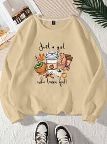 SHEIN LUNE 大码女款 Just A Girl Who Loves Fall 南瓜香料拿铁运动衫 - 杏色 - 查看 1