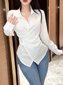 EMERY ROSE Women's Plain Color Long Sleeve Wrap Blouse, Spring Autumn Women Shirt,Long Sleeve Tops Fall Cloth For Women