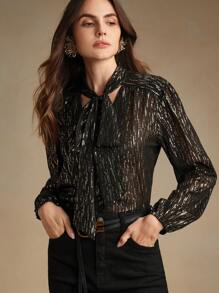 Anewsta 女士青苔色金属提花长袖衬衫 - 黑色 - 查看 3