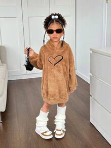 SHEIN Sweatshirt Rajut Polos Berbulu dengan Bordir Grafis untuk Anak Perempuan, Cocok untuk Musim Gugur/Dingin - Khaki - View 9
