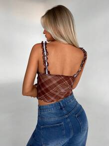 Aloruh Women's Street Daily Simple Casual Elegant Inner Top Knitted Daily Coffee Color Plaid Contrast Color Frill Bow Decorative Tank Top - Multicolor - View 3