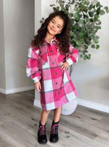SHEIN 秋冬季青少年女孩休闲格子长袖开衫 - 粉色 - 查看 5