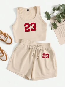Slaydiva 2pcs Women Summer Casual Fitted Crew Neck 23 Graphic Tank Top And Drawstring Shorts Set Suitable For Going Out - Khaki - View 5