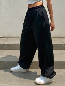 DAZY Pantalon de survêtement noir décontracté à doublure thermique et cordon de serrage pour femmes, joggers pour femmes