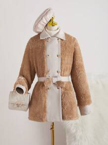 SHEIN Tween Girls Colorblock Double Breasted Long Fluffy Casual Jacket, Winter