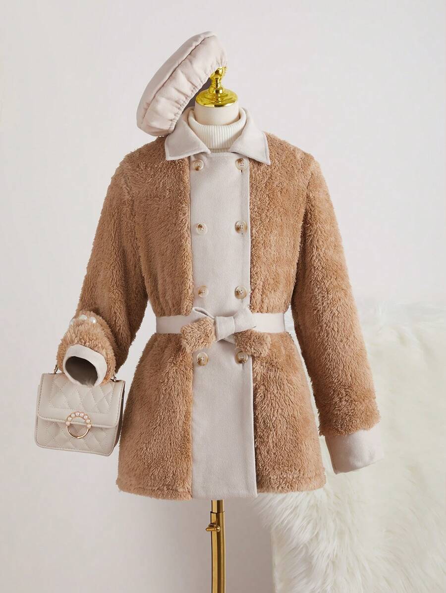 SHEIN Tween Girls Colorblock Double Breasted Long Fluffy Casual Jacket, Winter