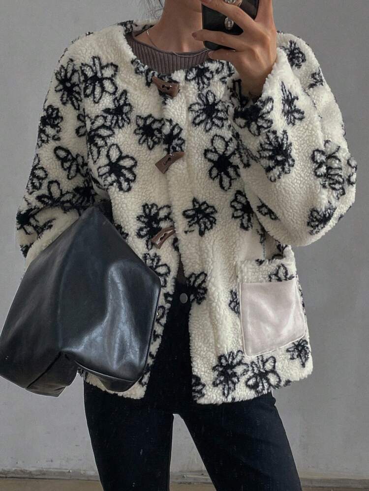 Women's Pattern Crew Neck Faux Thermal Lined Thicken Regular Jacket, Winter, Fall Women Clothes, Thermal Lined Women Coats
