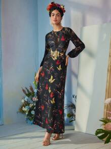 ISELACOS Frida Kahlo X SHEIN X Designer Contrast Lace Butterfly Print Long Dress, Holiday, Party, Thanksgiving, Birthday Outfits, Spring, Festival - Black - View 5