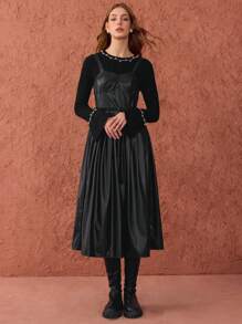Enchnt Vestido de manga larga para mujer con decoración de cuentas - Negro - Ver 7