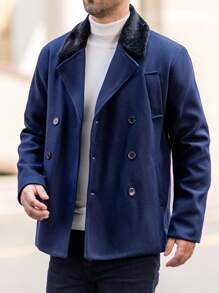 Manfinity Homme Men's Furry Panel Front Button Long Sleeve Pocket Jacket, Casual Daily Wear - Navy Blue - View 6