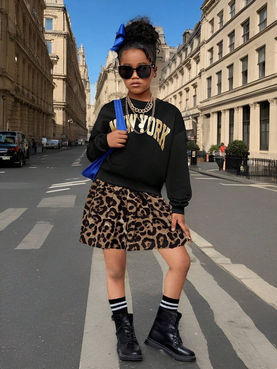 SHEIN Bộ 2 chiếc áo nỉ in hình lá giả Tween Girls và váy xếp nếp - Nhiều màu - Xem 1