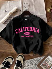 SHEIN EZwear Áo thun crop top tay ngắn cổ tròn họa tiết tên địa danh tối giản cổ điển CALIFORNIA, phù hợp cho mùa hè - Nhiều màu - Xem 4