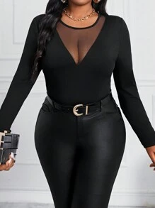 SHEIN Lady Magliette eleganti a maniche lunghe con collo rotondo in maglia nera, con inserti in rete, taglie comode, adatte per la primavera, l'estate, l'autunno e l'inverno, anche per Ognissanti - nero - Visualizzare 5
