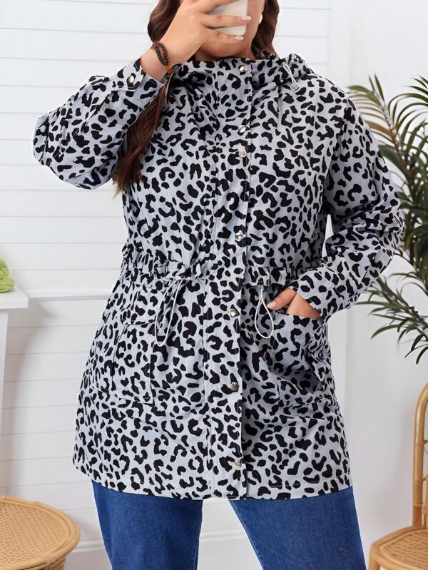 EMERY ROSE Plus Size Women's Leopard Print Zip Front Hooded Jacket With Drawstring And Pockets,Fall Clothes With Pockets