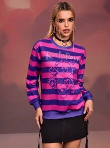 SHEIN X Care Bears Designer Women's Street Style Loose Long Sleeve Drop-Shoulder Stripe Pattern Rhinestone Printed Sweatshirt Casual Daily Wear Fall Top, Holiday, Thanksgiving, Winter, Spring, Going Out, Festival