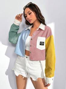 SHEIN EZwear Chaqueta corta abotonada con parche de letra y bolsillo de pana para otoño/invierno - Multicolor - Ver 6