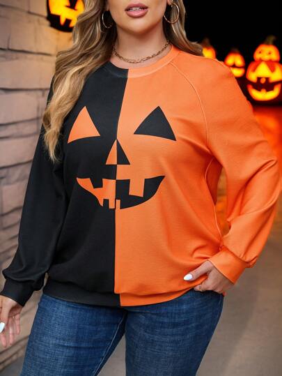 SHEIN LUNE Plus Size Women's Pumpkin Print Round Neck Raglan Sleeve Casual Loose T-Shirt, Spring & Fall Halloween Pumpkin Women Top Travel Airport