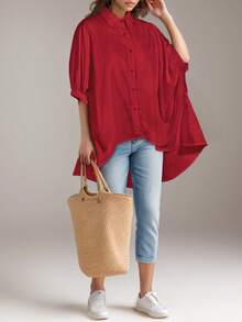 Women's Solid Front Button Batwing Sleeve Casual Loose Blouse
