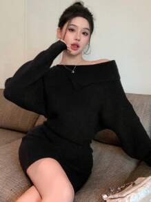 DAZY 女式修身不对称领口设计短款毛衣裙，新年除夕露肩秋冬舞会礼服 - 黑色 - 查看 6