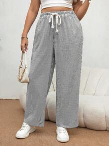 SHEIN Essnce Plus Size Dames Blauw & Wit Gestreepte Losse Casual Broek