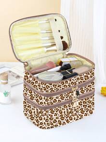 Ariqdhaksinargha Artist Leopard Print Fashionable 3 Layer Cosmetic Bag For Storage, Square-Shaped Makeup Bag - Multicolor - View 6