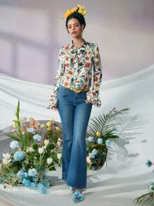 Frida Kahlo X SHEIN Women's Elegant Floral Print Ruffle Trim White Long Sleeve Top ,Fall Vintage Button Up Shirt - Multicolor - View 4