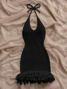 Soleia 度假挂脖露背荷叶边针织连衣裙