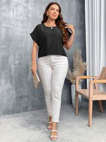 SHEIN LUNE 大码女式秋季纯色圆领蝙蝠袖休闲衬衫女式上衣黑色衬衫 - 黑色 - 查看 5